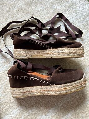 Ralph Lauren Collection Brown Suede Ribbon Lace Espadrilles Size 8